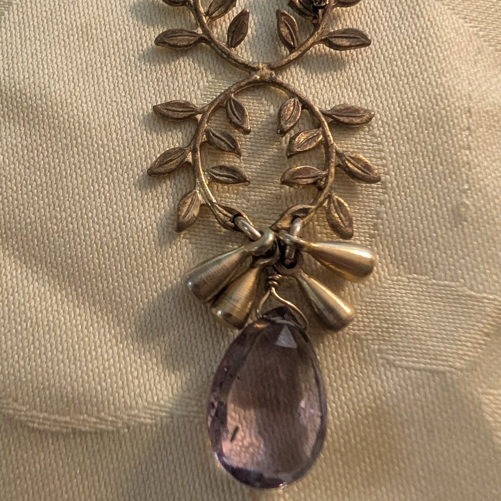 Rare Vintage Ornate Gold filled necklace vine design with large amethyst drop